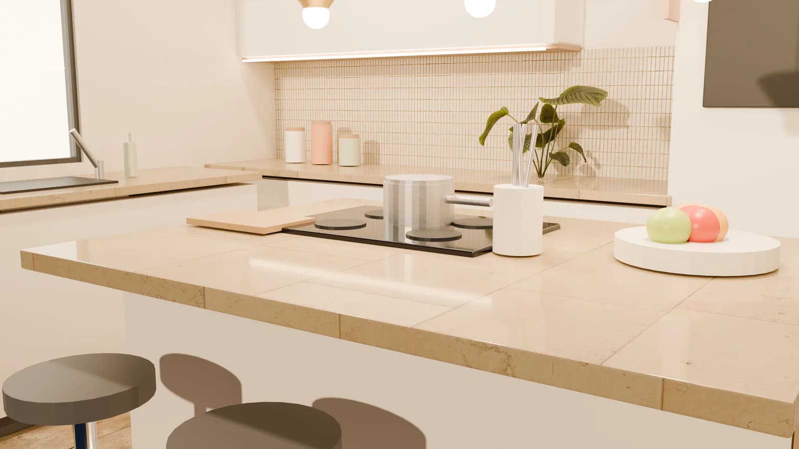 Render de cozinha de projeto da Águia, opção B: bancada bege e revestimento em filetes na parede