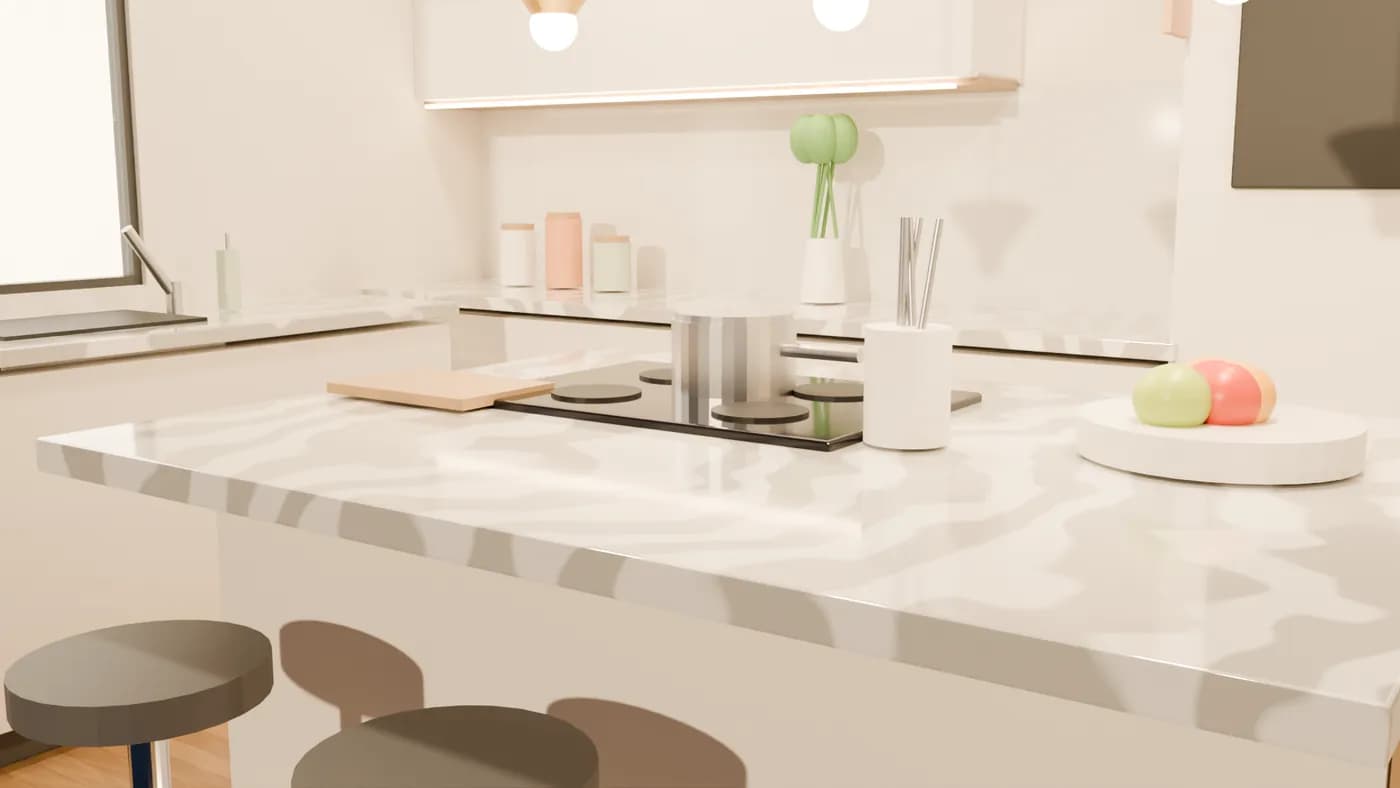 Render de cozinha de projeto da Águia, opção A: bancada clara com veios cinza